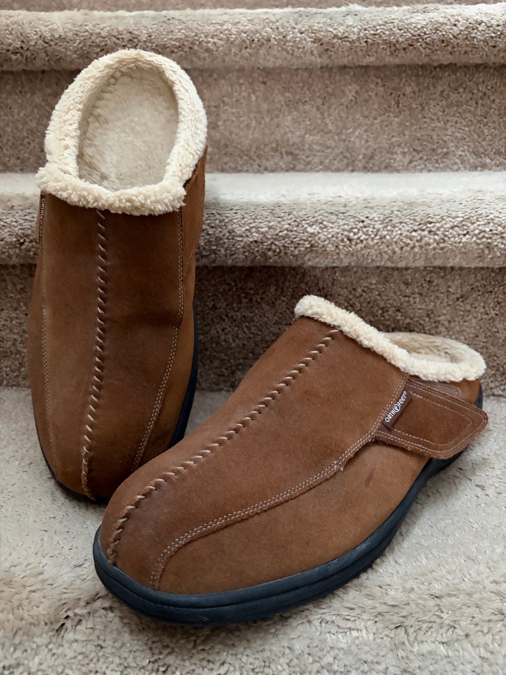 Men's Ortho Feet Brown Suede Shearling-Lined Slip-On Clog, Sz 13W